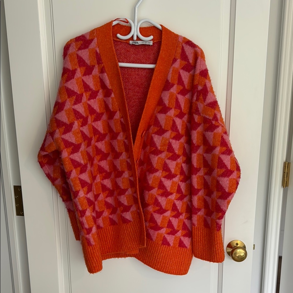 Zara Orange and Pink Geometric Cardigan Sweater
